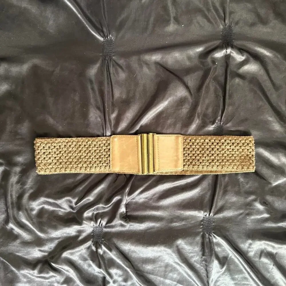 Tan woven belt with gold buckle